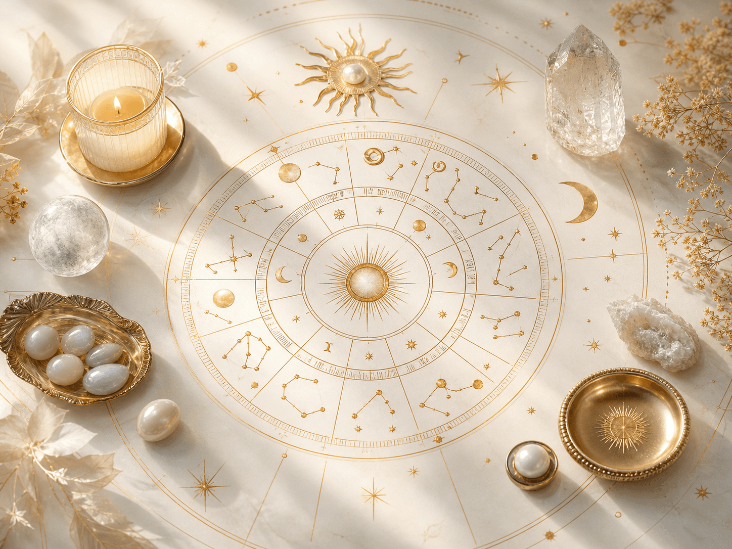 Golden natal birth chart artwork with celestial symbols