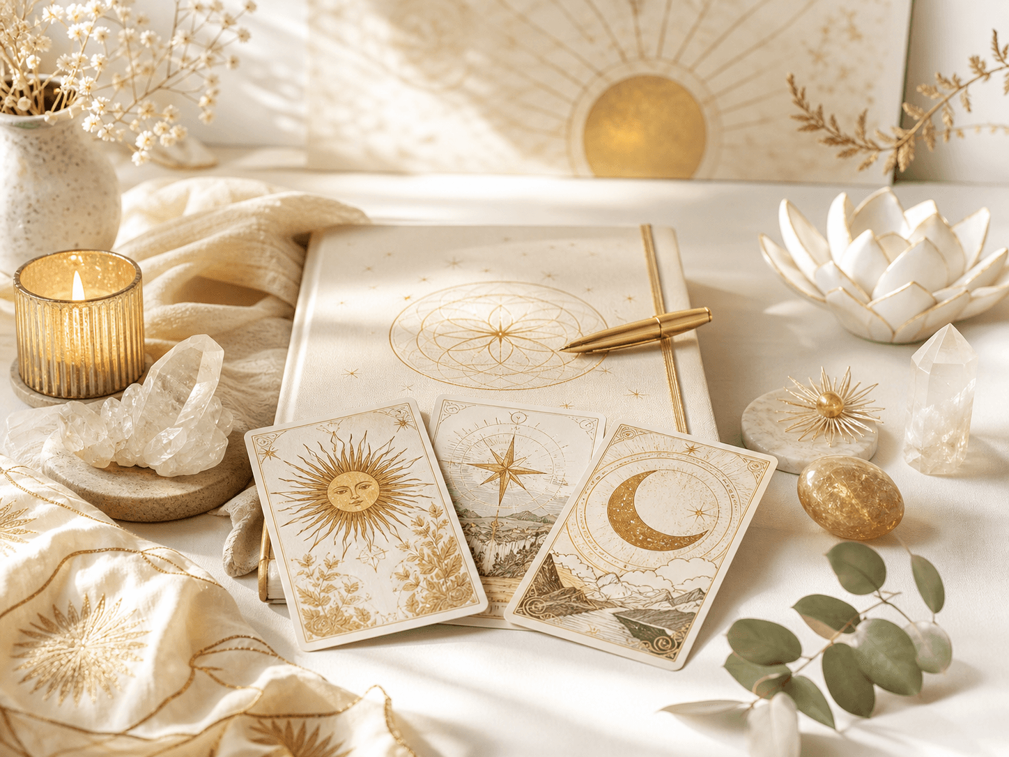 Tarot cards, candle, and journal for coaching and healing guidance